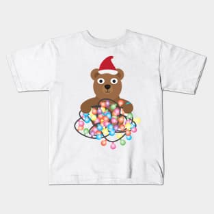 Cute Cartoon Bear with Santa Hat and Colorful Light Bunting Kids T-Shirt